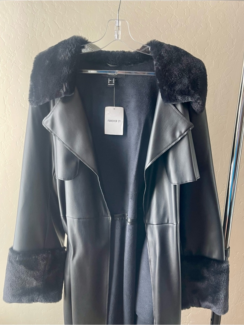 Forever 21 Black Faux Leather Trench Coat with Faux Fur Collar & Cuffs